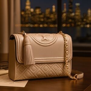 Tory Burch Fleming Light Taupe Leather Small Convertible Shoulder Bag/Crossbody